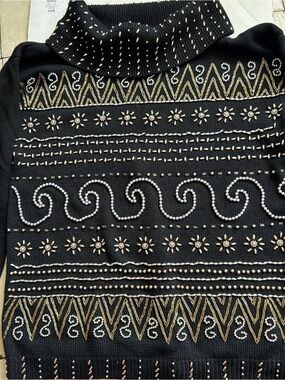 Victoria Jones Woman Black Turtleneck Sweater with Gold & Silver Embellishment